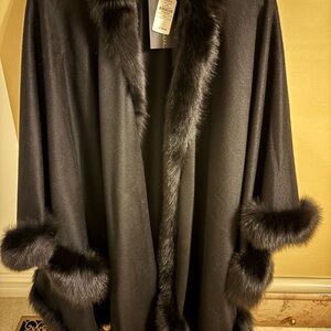 Sofia Cashmere Black Cape with Luxurious Dyed Fox Fur Trim & 100% Cashmere.